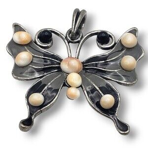Antiqued Silver Tone Black Gray Enamel Butterfly Pendant
